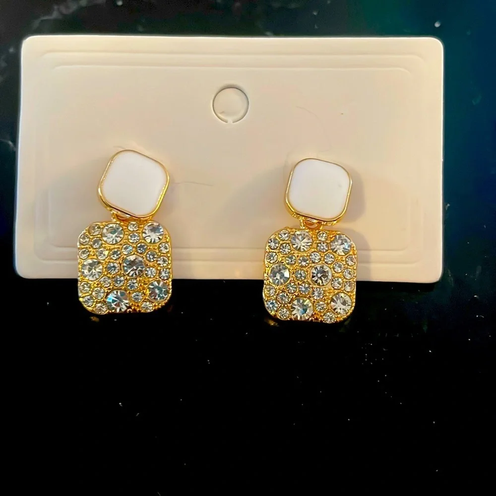White Rhinestone Square Earrings